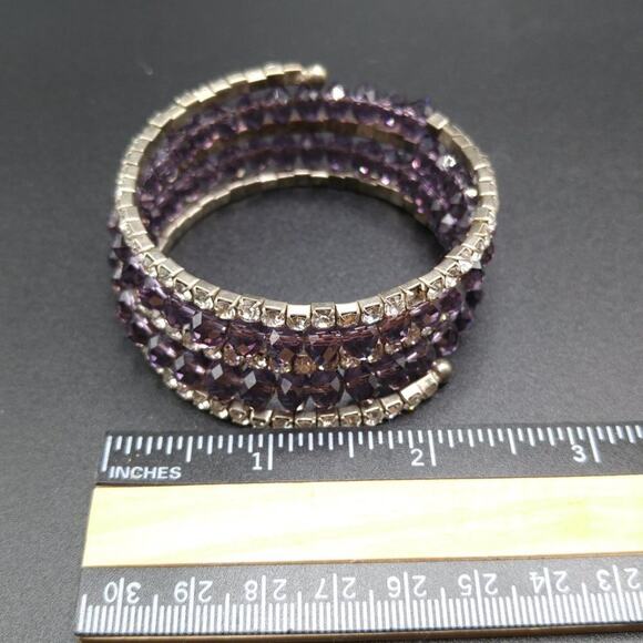 Purple Crystal Bead Clear Rhinestone Wrap Wire Bracelet, Five Layers - Picture 5 of 7
